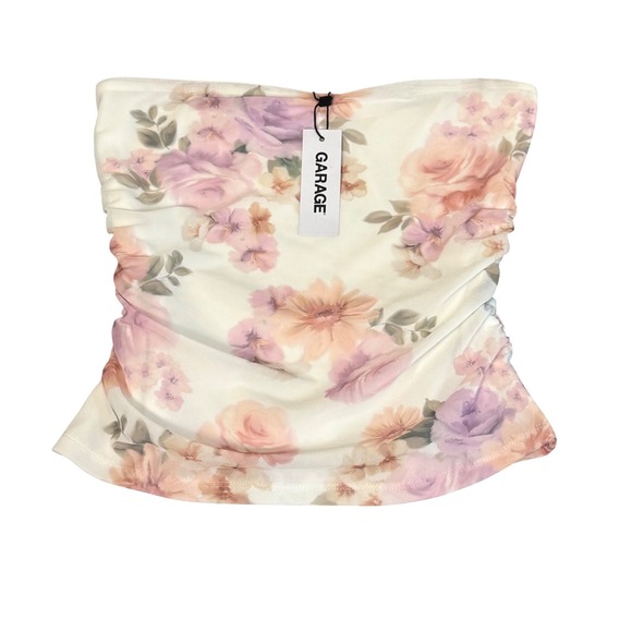 Garage Tops - Garage Rosalie Ruched‎ Tube Top Sz Medium Watercolor Floral Mesh White 100096911